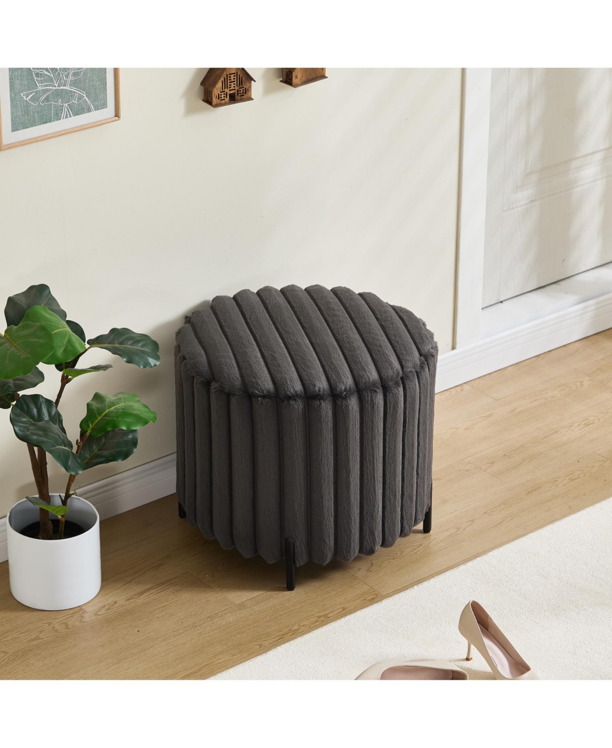 Streamdale Furniture Upholstered Round Pouf Ottoman with Metal Legs - Charcoal