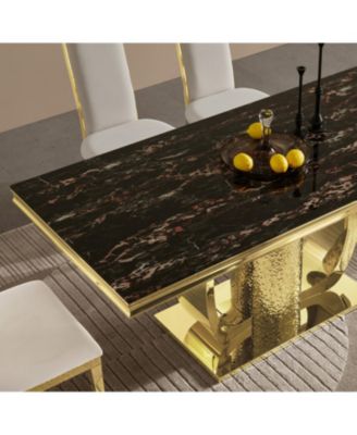  Gold Stainless Steel Dining Table, Black Glass Top