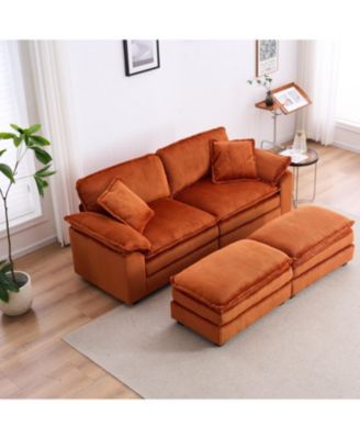 Corduroy 2-Seat Sofa w/ Pillows & Ottomans