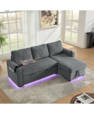 Streamdale Chenille Pull-Out Sofa Bed w/ Table, LED, USB & Cup Holders