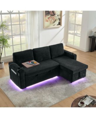 Streamdale Chenille Pull-Out Sofa Bed w/ Table, LED, USB & Cup Holders