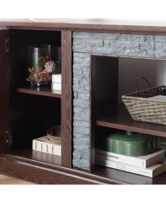 58" Modern TV Stand, 2-Door Storage, Faux Stone Media Console, Cherry