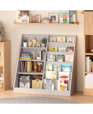 Kids Bookshelf Toy Storage Organizer, 4 Tier Wooden Bookcase, Gray