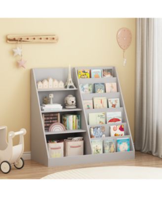 Kids Bookshelf Toy Storage Organizer, 4 Tier Wooden Bookcase, Gray