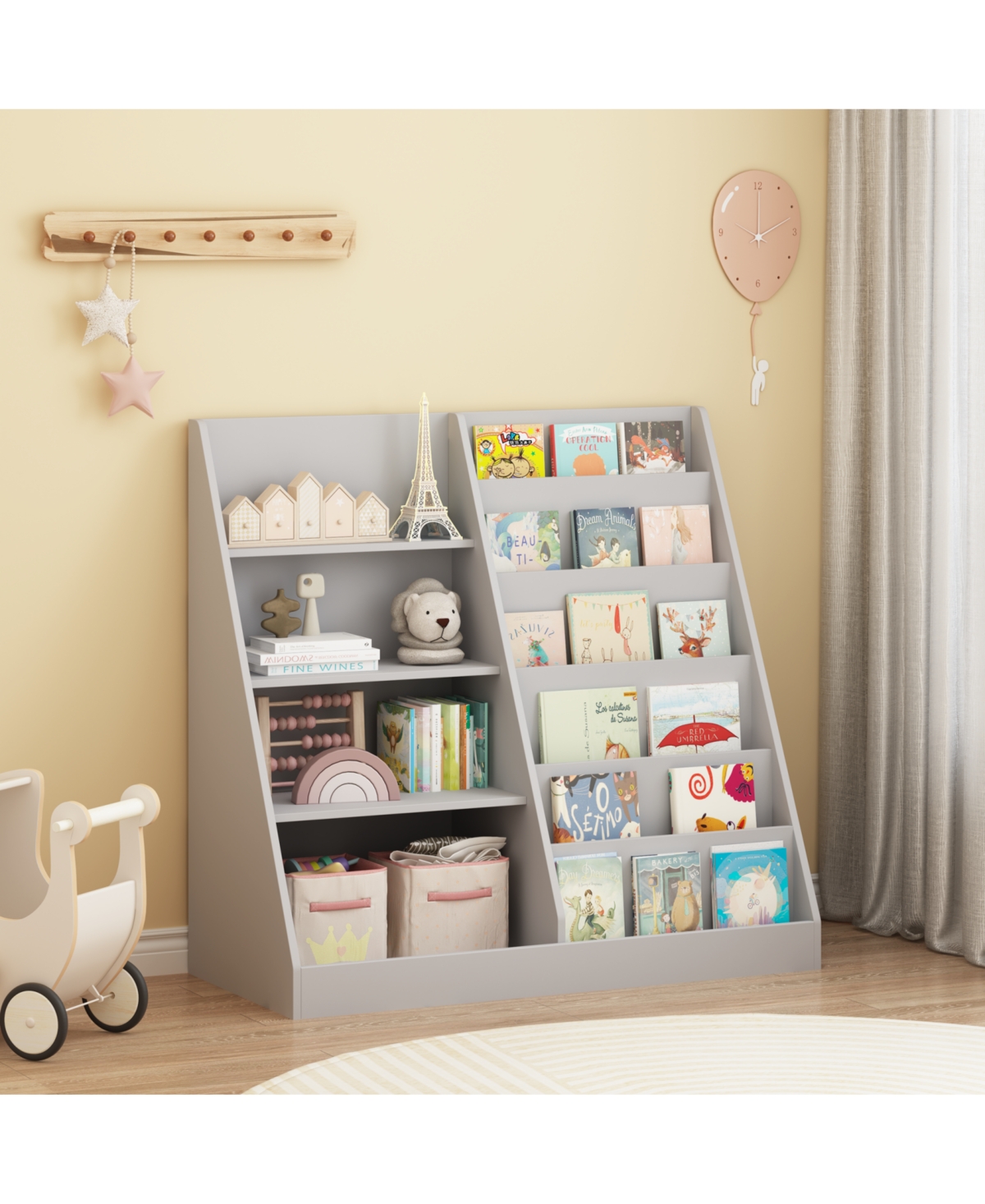 Streamdale Furniture Kids Bookshelf Toy Storage Organizer, 4 Tier Wooden Bookcase, Gray