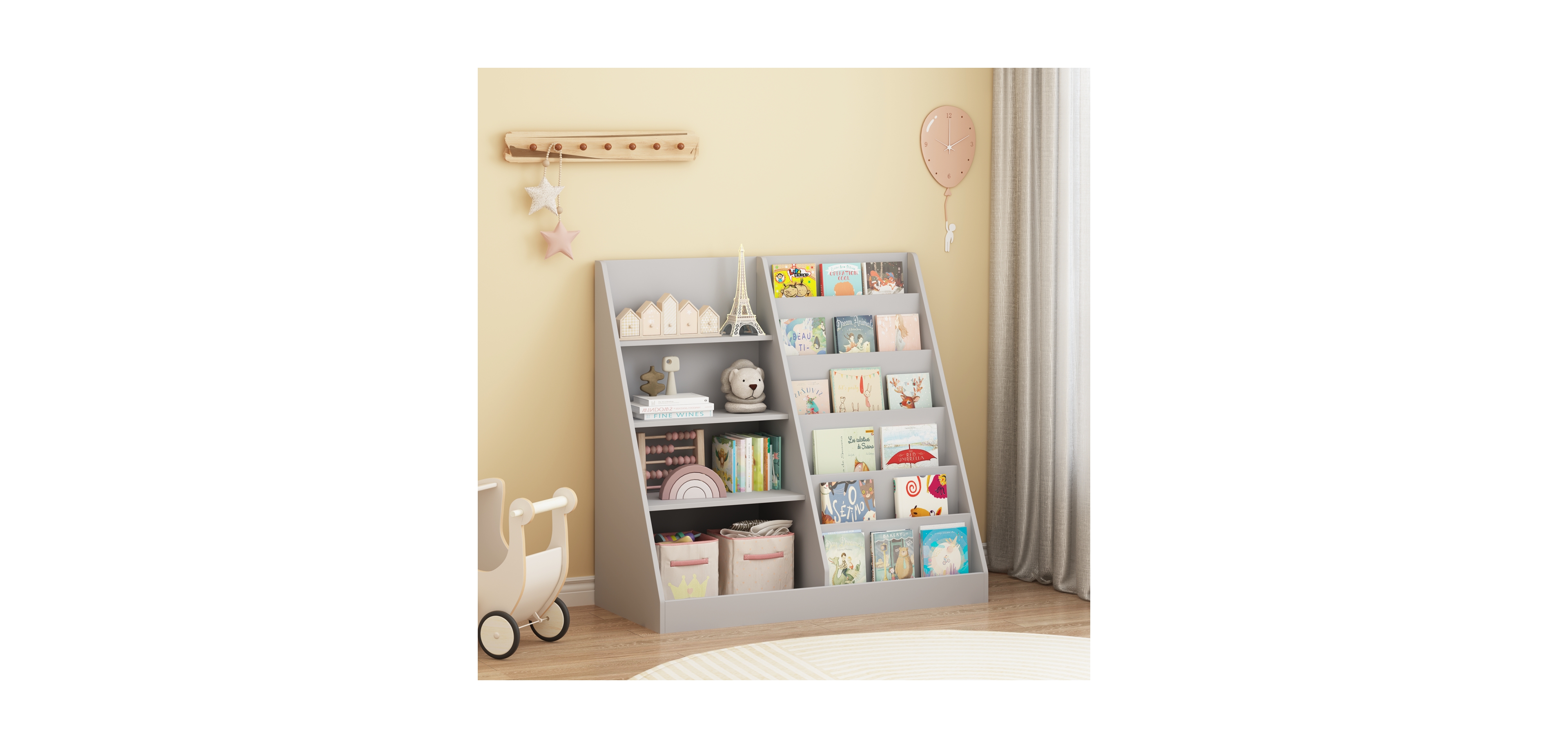Streamdale Furniture Kids Bookshelf Toy Storage Organizer, 4 Tier Wooden Bookcase, Gray