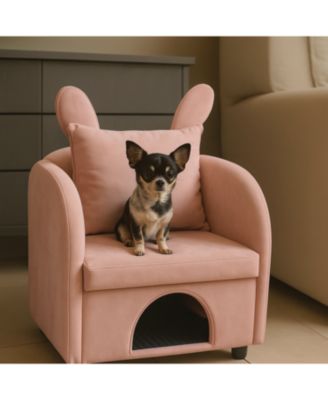 Velvet Pink Bunny-Ear Pet-Friendly Armchair with Cat & Dog Hideaway