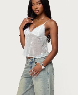 Women's Sequin Sheer Mesh Babydoll Top