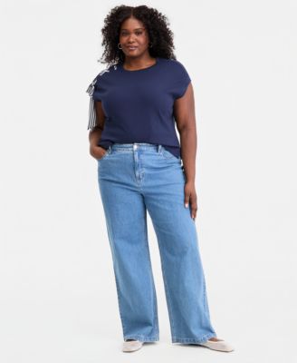 Trendy Plus Size Ribbon-Trim Crewneck Cotton Top