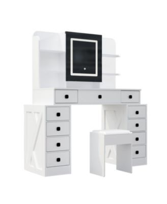 Farmhouse Vanity Desk with Mirror, Lights, and Charging