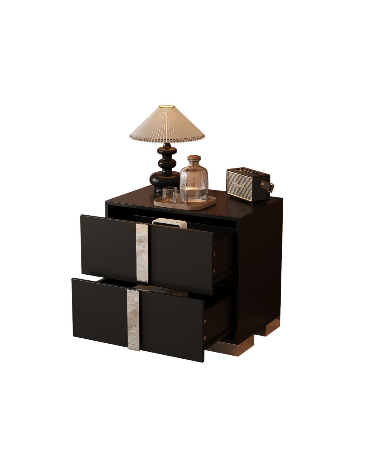 Streamdale Furniture Streamdale Mirrored Nightstand with 2 Drawers, Black