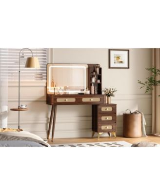 47" Lighted Vanity Desk with Rattan Drawers - Dark Walnut