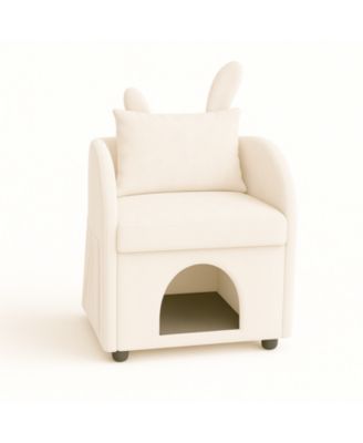 Beige Bunny-Ear Pet-Friendly Armchair with Cat & Dog Hideaway