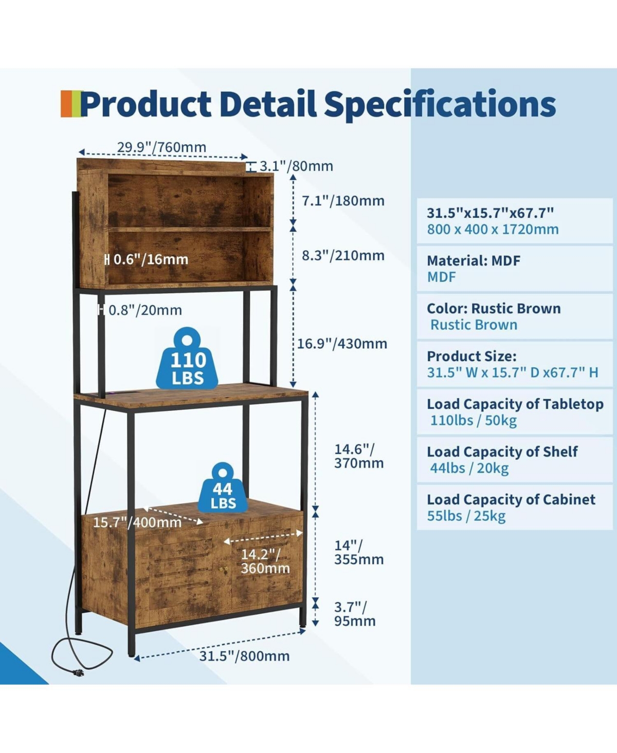 gaomon 68" 6-Tier Kitchen Bakers Rack with Outlet, Storage Cabinet & Shelves, Industrial Microwave Stand & Coffee Bar Station