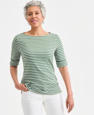 Women's Printed Boat-Neck Elbow-Sleeve Top