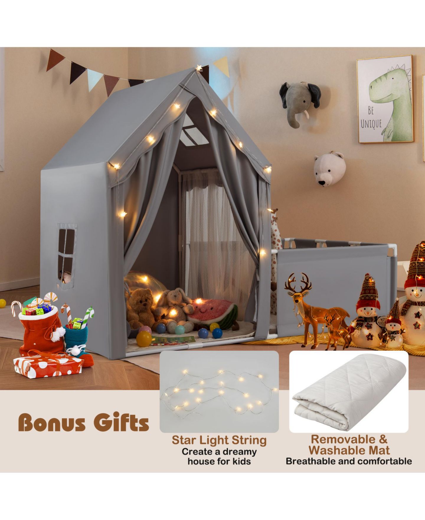 Детские игрушки Gymax Star Lights 3-Piece Play Tent with Playpen Set, Ages 3+, цвет: Серый — фото 7