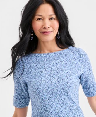 Women's Printed Boat-Neck Elbow-Sleeve Top