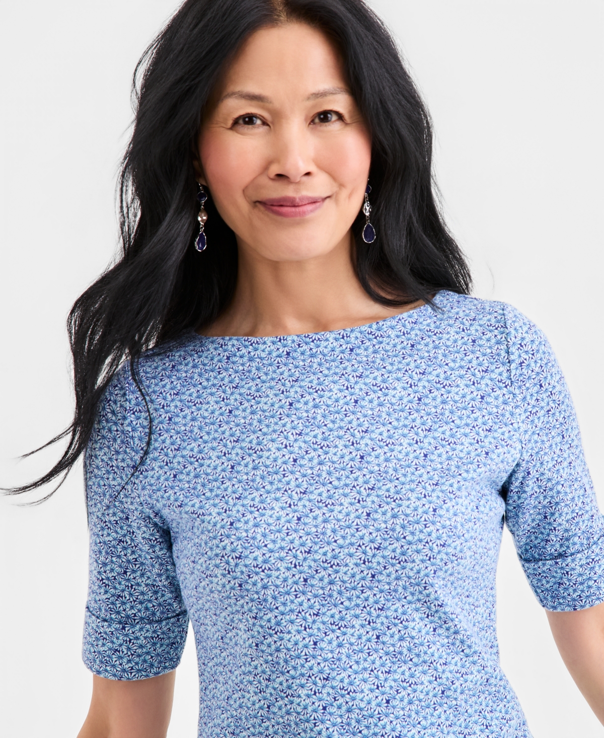 Style & Co Women's Printed Boat-Neck Elbow-Sleeve Top, Macy's Exclusive
