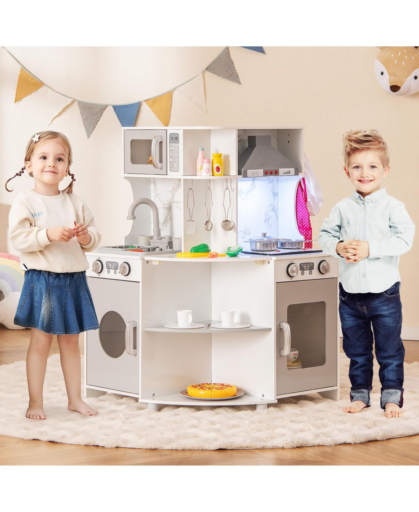 Детская игрушка Gymax Wooden Corner Play Kitchen with Water Circulation, Ages 3+ — фото 3