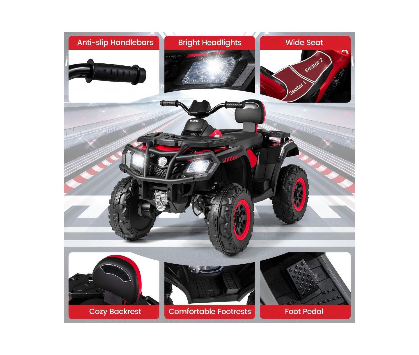Детская игрушка HONGGE Electric Two-Seater ATV Ride-On Vehicle with Four Motors and Music, Ages 3-8, цвет: Красный — фото 5