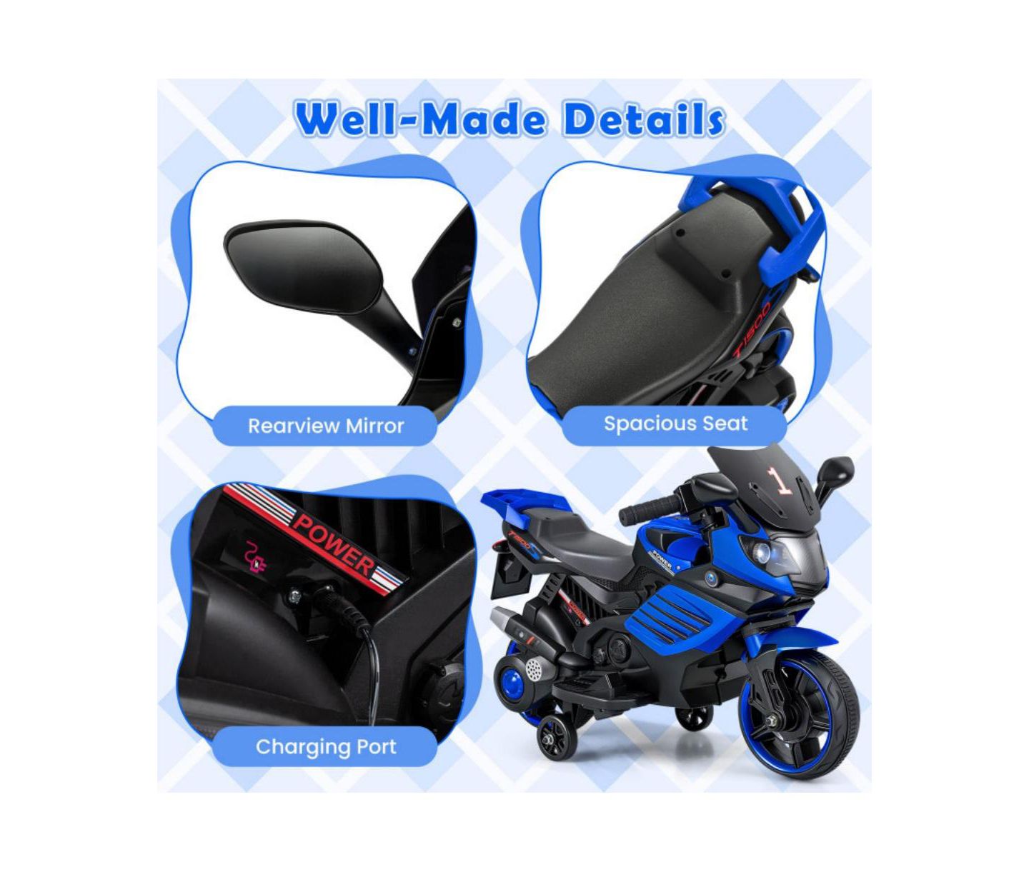 Детская игрушка HONGGE Electric Ride On Motorcycle with Training Wheels and LED Headlights, Ages 3+, цвет: Тёмно-синий — фото 10