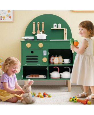 Kids Wooden Play Kitchen Set with Accessories and Storage for Pretend Cooking