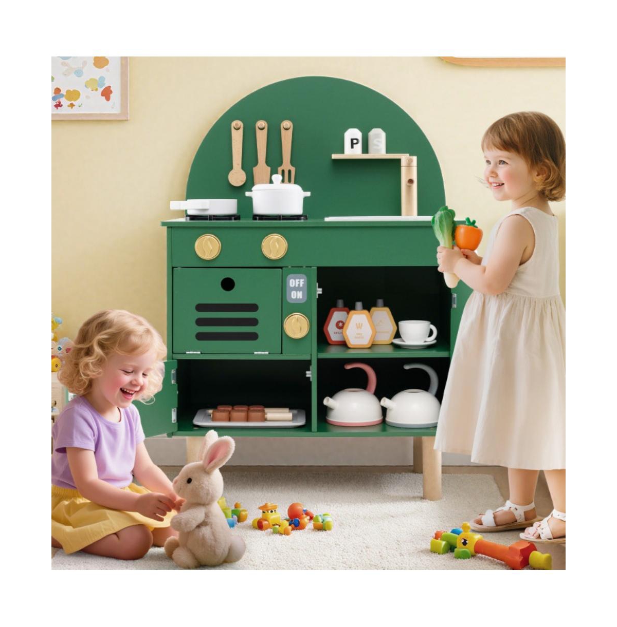Hongge Kids Wooden Play Kitchen Set with Accessories and Storage for Pretend Cooking
