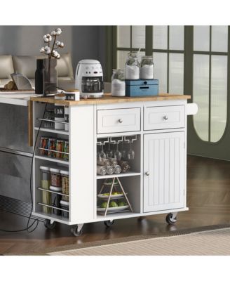 Kitchen Island with Power Outlet,Open Storage and Wine Rack, for Home, Kitchen, and Dining Room
