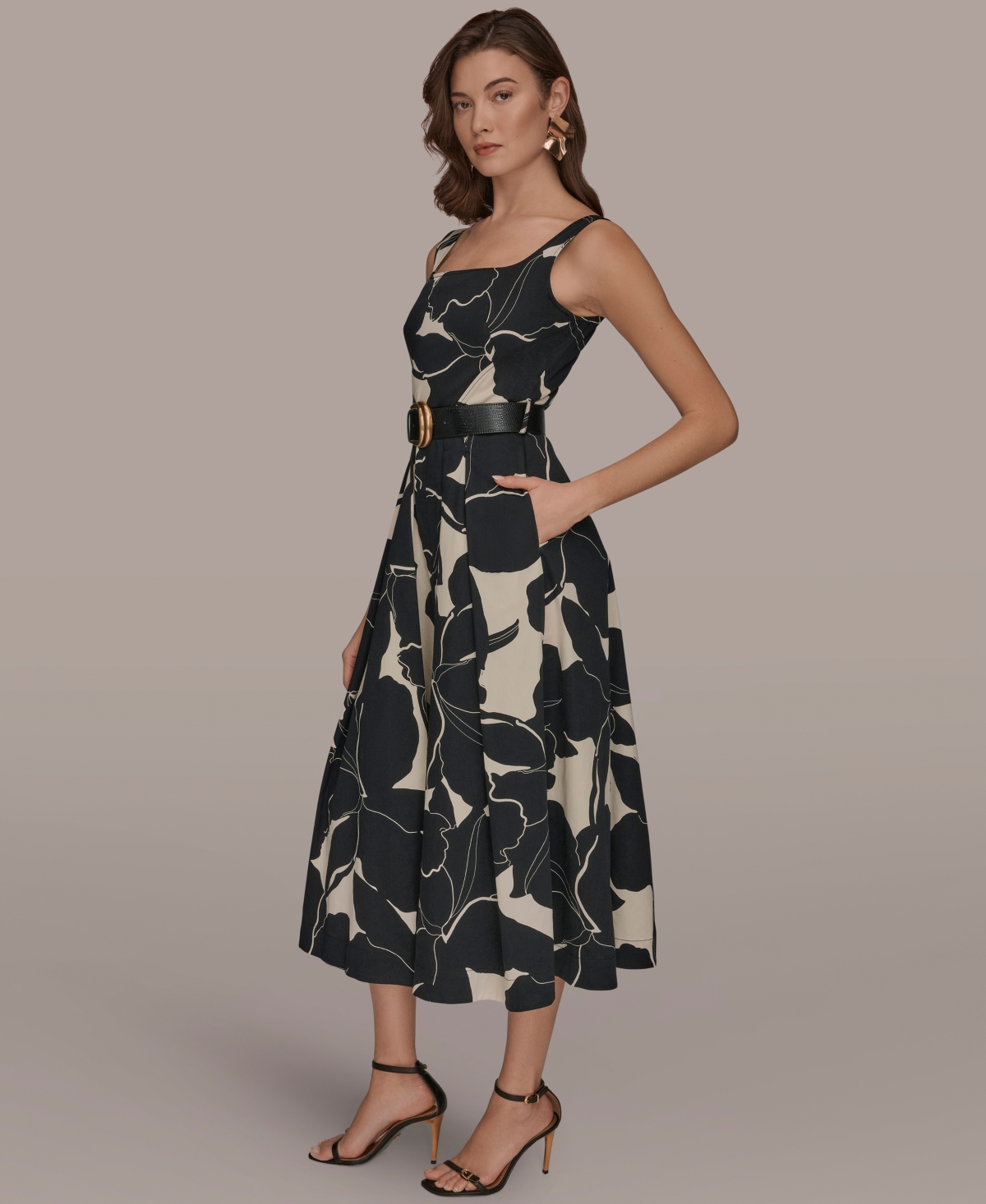 Donna Karan New York Women's Sleeveless Square Neck Floral A-Line Midi Dress