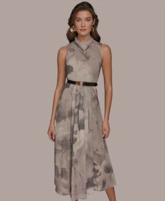 Women's Sleeveless Cowl Neck Floral Print Belted A-Line Midi Dress