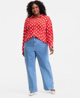Trendy Plus Size Printed Collared Button-Front Shirt