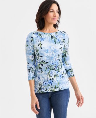Women's Printed Pima Cotton 3/4-Sleeve Boat-Neck Top