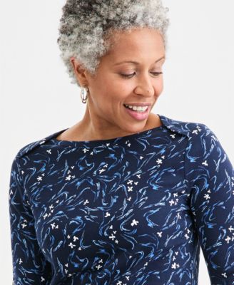 Women's Printed Pima Cotton 3/4-Sleeve Boat-Neck Top