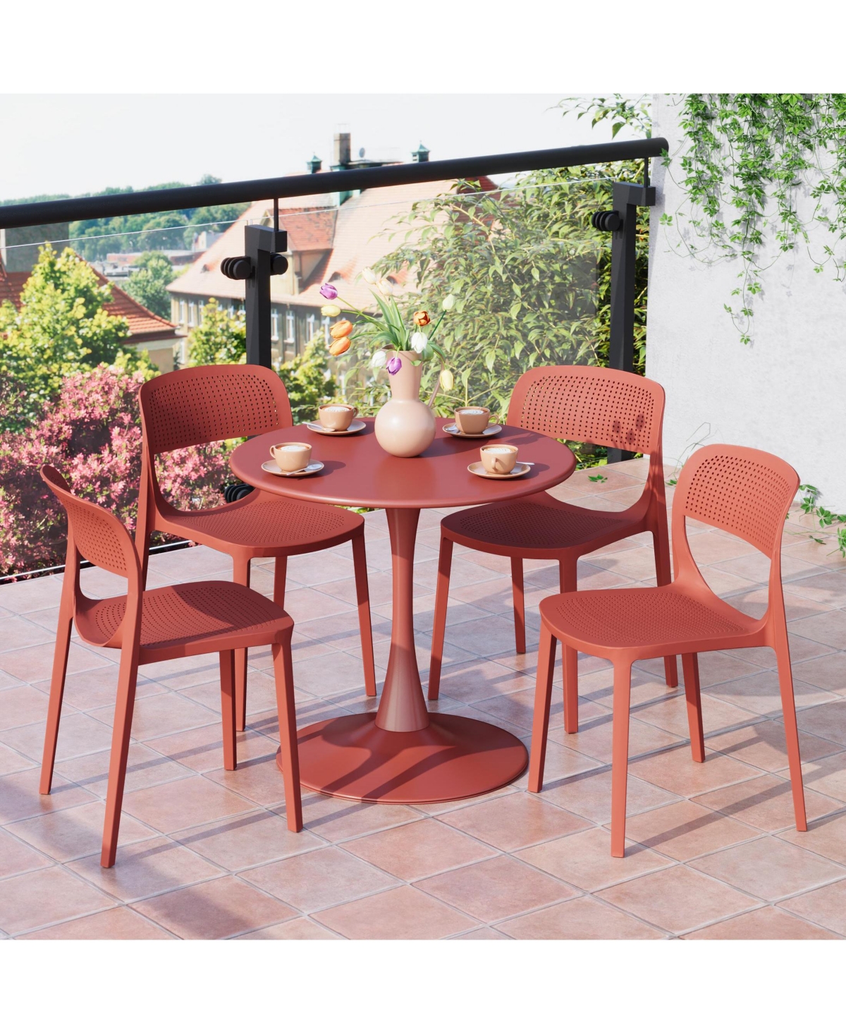 WestinTrends 5-Piece Round Metal Bistro Dining Table Set And Stackable Resin Patio Dining Side Chairs