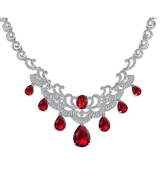 Art Deco Style Ruby Red CZ Cubic Zirconia Statement Bib Necklace and Teardrop Earrings Jewelry Set