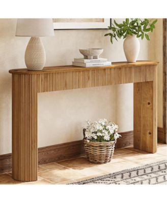 Solid Wood Console Table, 63" Long Retro Entryway Table with Vertical Fluted Stripes, Natural