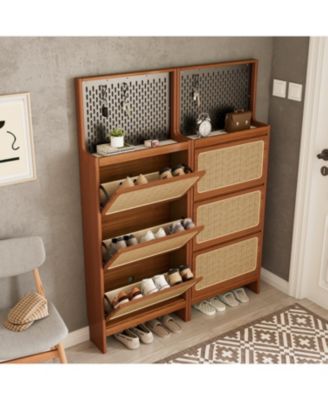Slim Rattan Shoe Cabinet with Flip-up Storage & Handy Top
