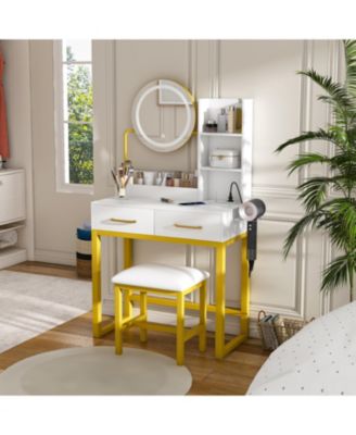 Makeup Vanity with LED Lights, Power Outlet, Drawers & Chair (White