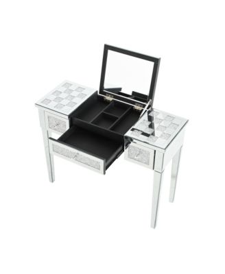 Mirrored Vanity Desk, Crushed Diamond Inlay, Flip-Top Mirror, Silver