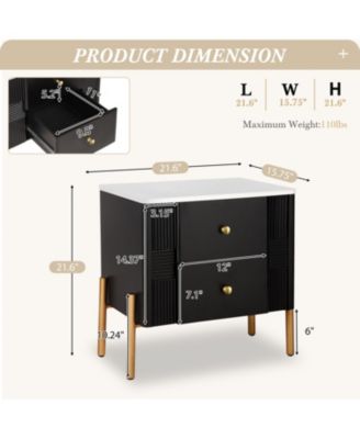 Modern Black Nightstand with Fluted Drawers & Gold Accents