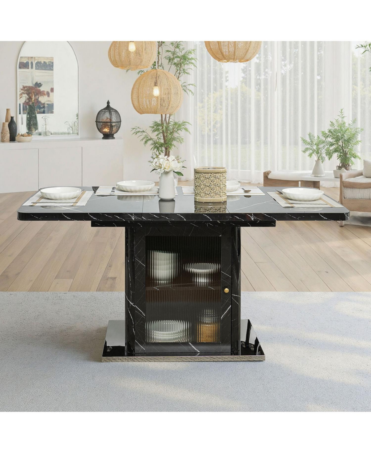 Streamdale Furniture Modern Extendable Black Marble Dining Table with Storage