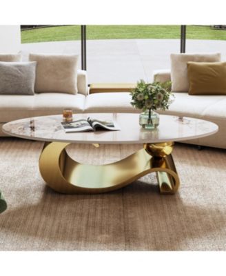 49" Faux Marble Oval Coffee Table, Gold Base