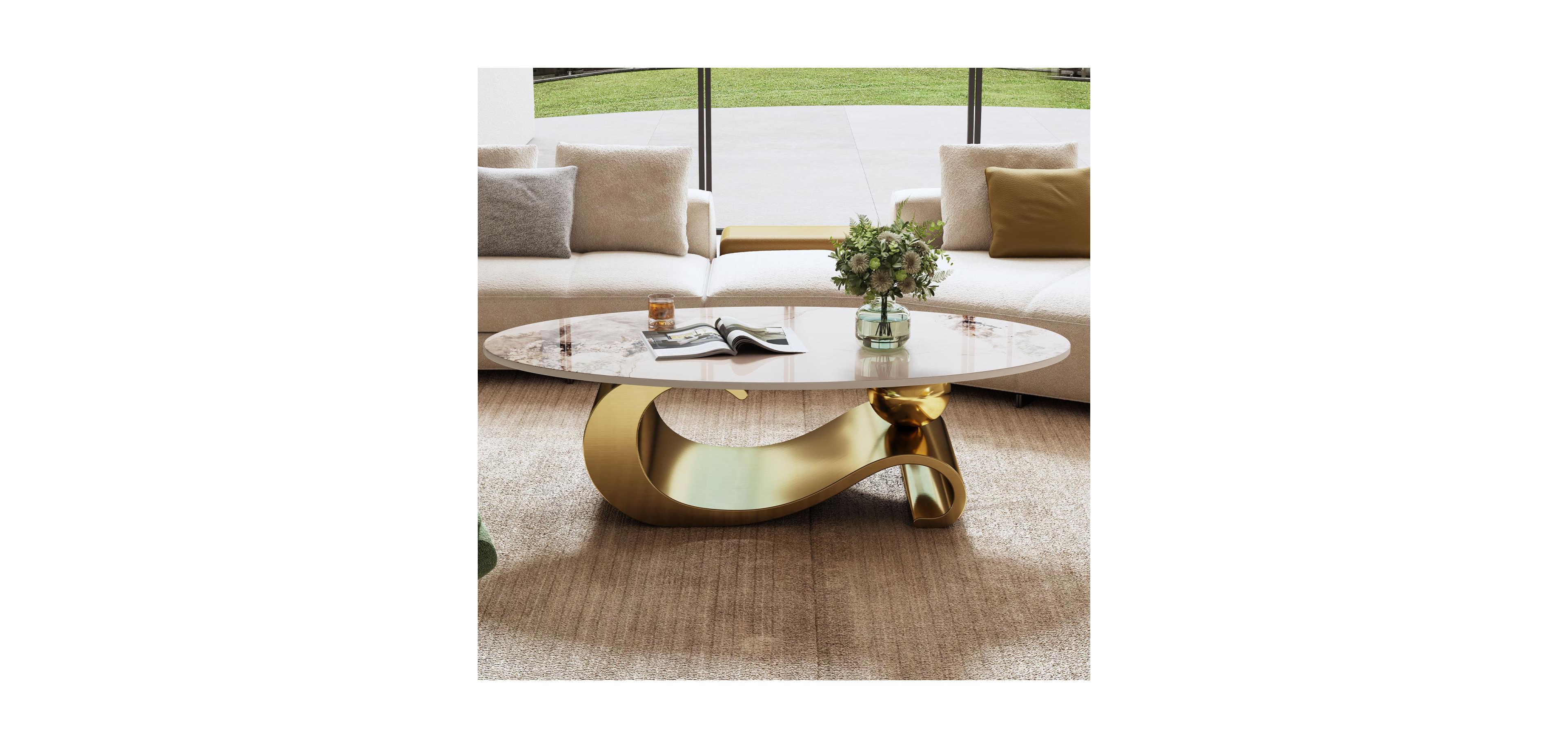 Streamdale Furniture 49" Faux Marble Oval Coffee Table, Gold Base