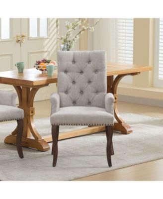 Beige Chenille Dining Chair, Tufted, Wood Legs