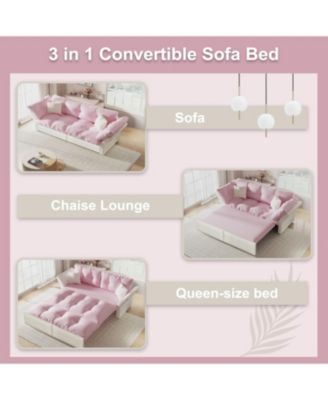  Queen Pull Out Sofa Bed, 3-in-1 Convertible Sleeper, Tufted Velvet Loveseat, Pink