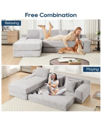 L-Shaped Corduroy Sectional Sofa Bed - Light Gray