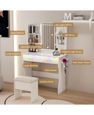Vanity Desk with LED Lights Mirror, Power Outlet, Drawers & Chair - White