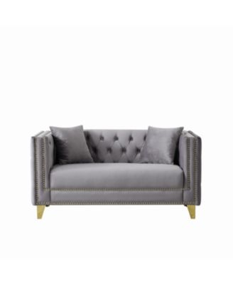 58" Chesterfield Velvet Sofa, 2 Seater, Button Nailhead, Square Arm - Grey