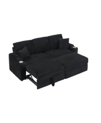  80" Corduroy Sofa with Reclining, Cup Holders & Removable Footstool, Black