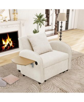 Convertible Chair Bed- 3-in-1 Pull-Out Sofa with USB & Desk (Creamy White